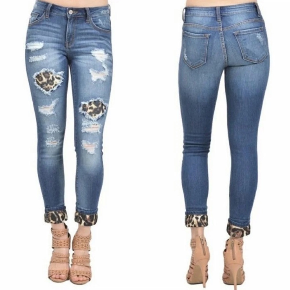 KanCan Blue Distressed Skinny Jeans with Leopard Accents